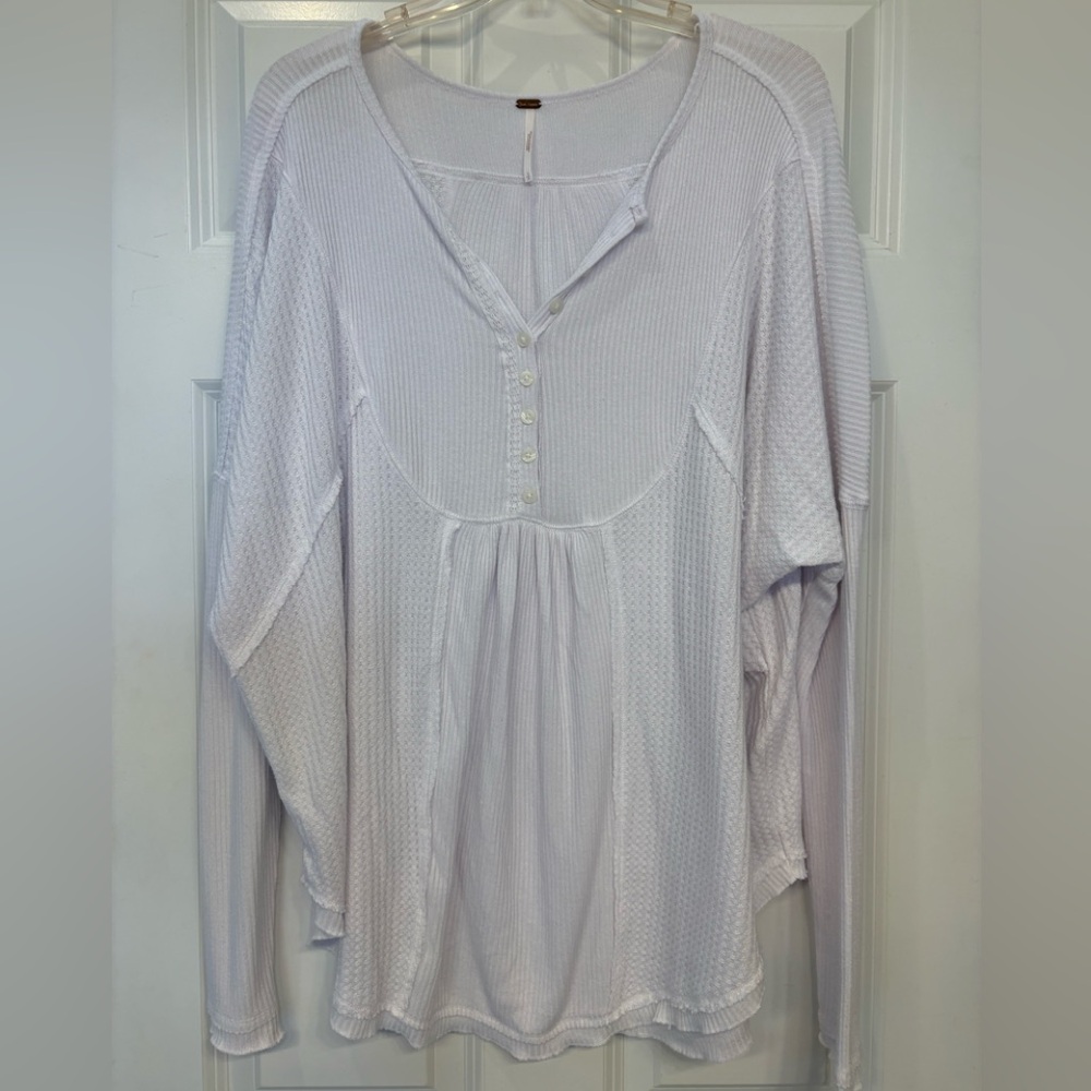 Free People White Waffle Oversized Long Sleeve Thermal Henley